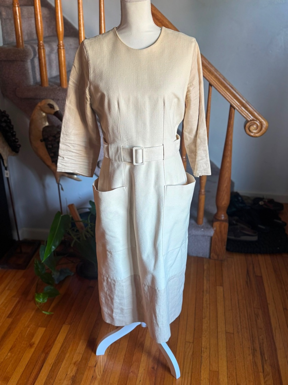 Alexander McQueen Cream Belted Midi Sheath Dress Sz 12